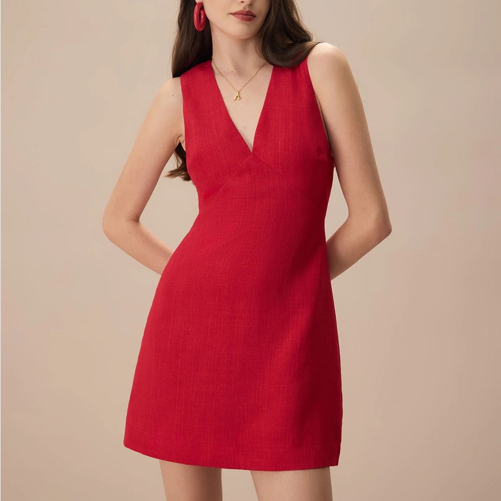 The Red V Neck Sleeveless Linen Mini Dress